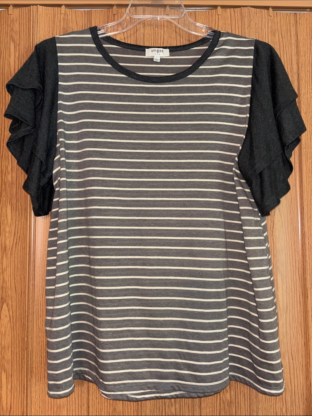 Umgee Gray and Cream Striped Ruffle Sleeve Top